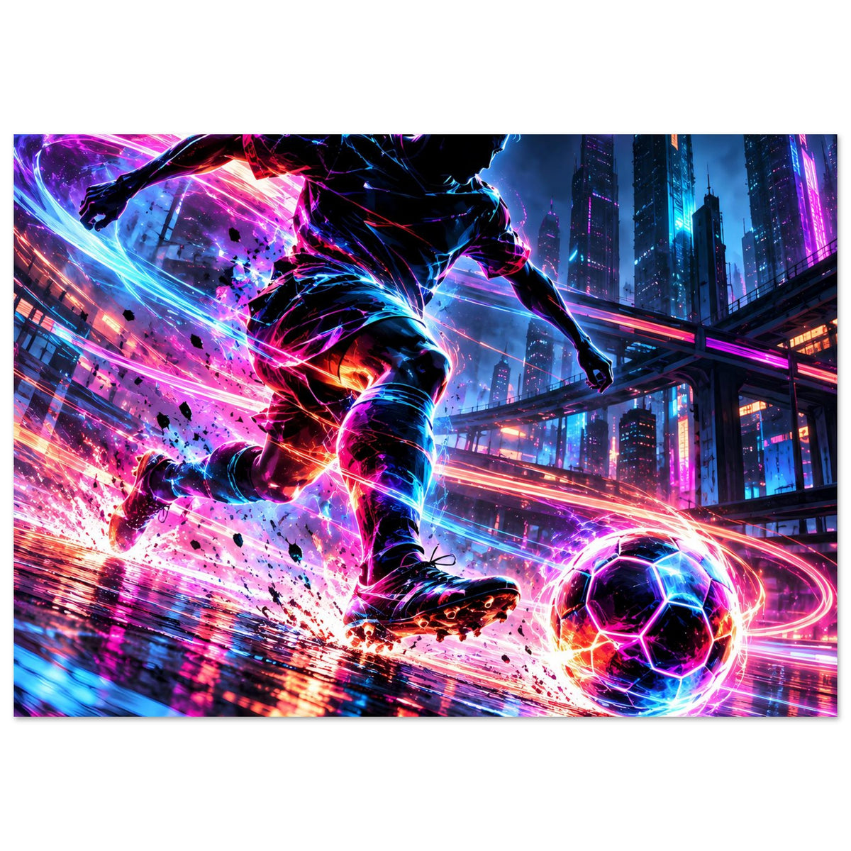 Neon-Fußball-Actionposter: Läufer im Sprung, Lichtspuren und leuchtender Ball mit Neon-Farben