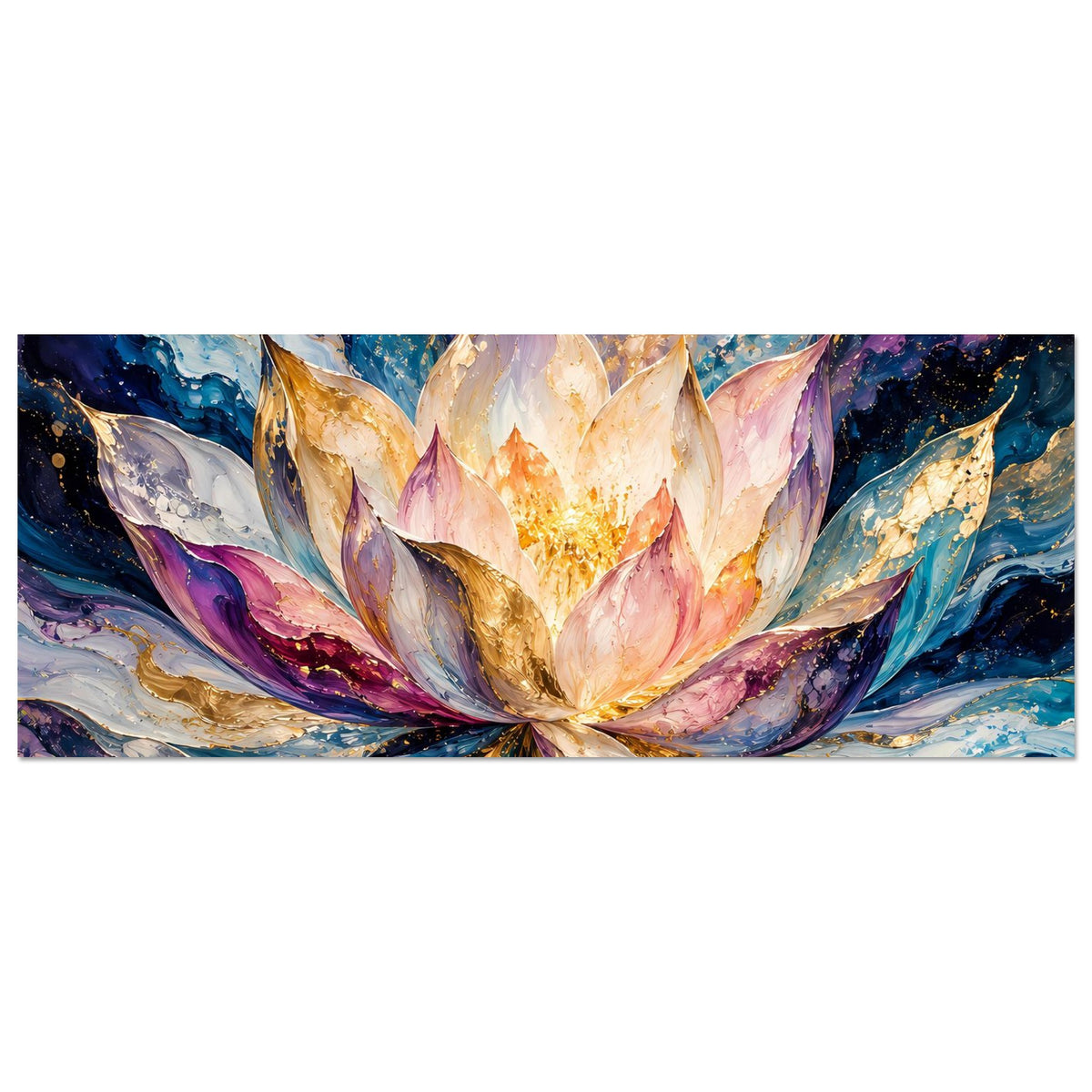 Horizontales Blumenposter, Lotusblüte mittig, Blau und Violett mit goldenen Glanzpunkten