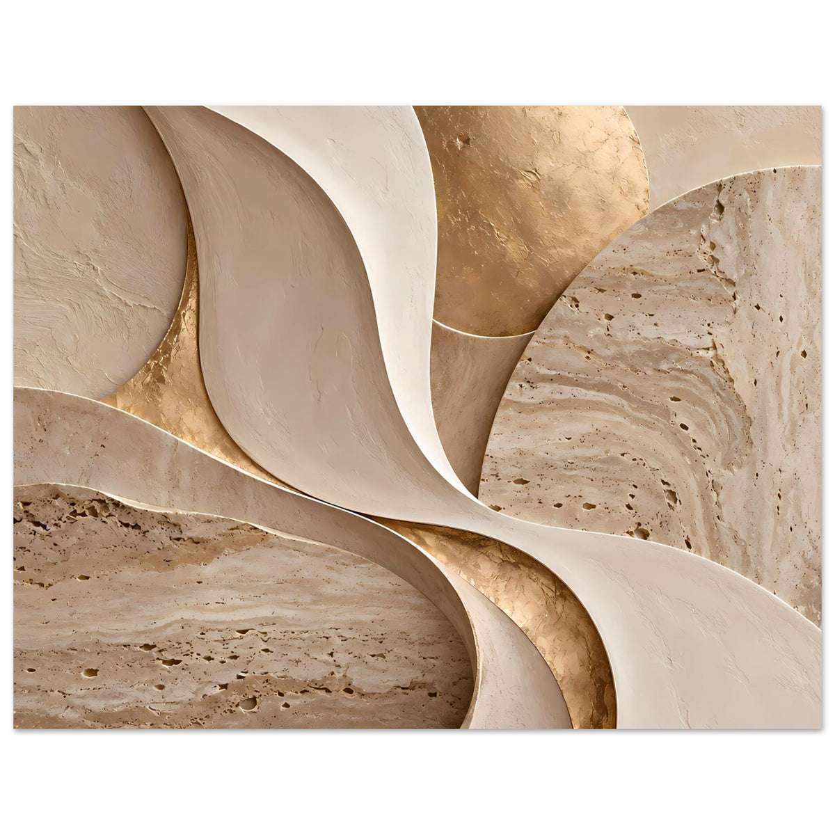 Kunstposter mit langen geschwungenen Linien in Gold, Beige und Weiß