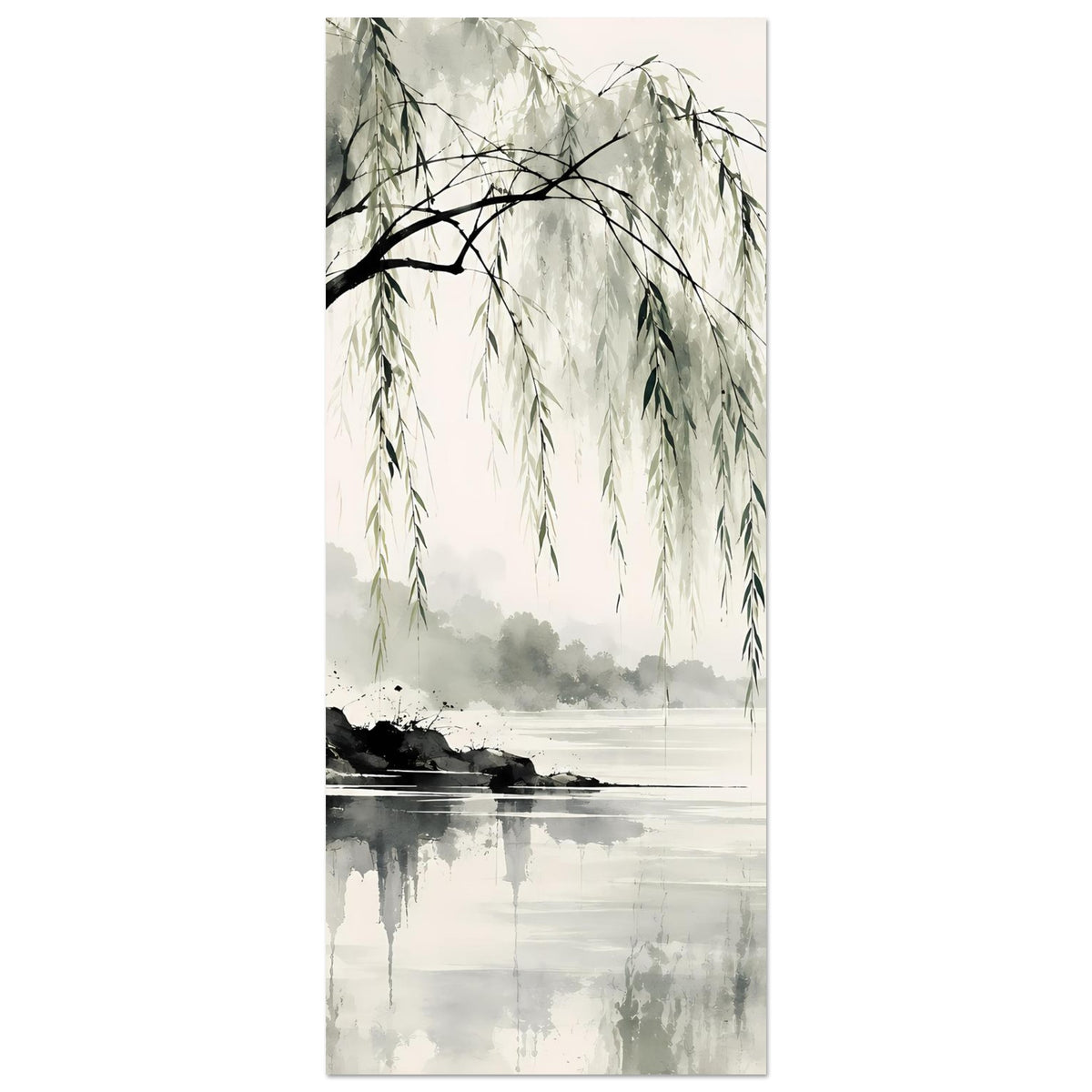Hochkant-Naturposter mit weinender Weide: dunkler Stamm, grüne Zweige und Wasserreflexion