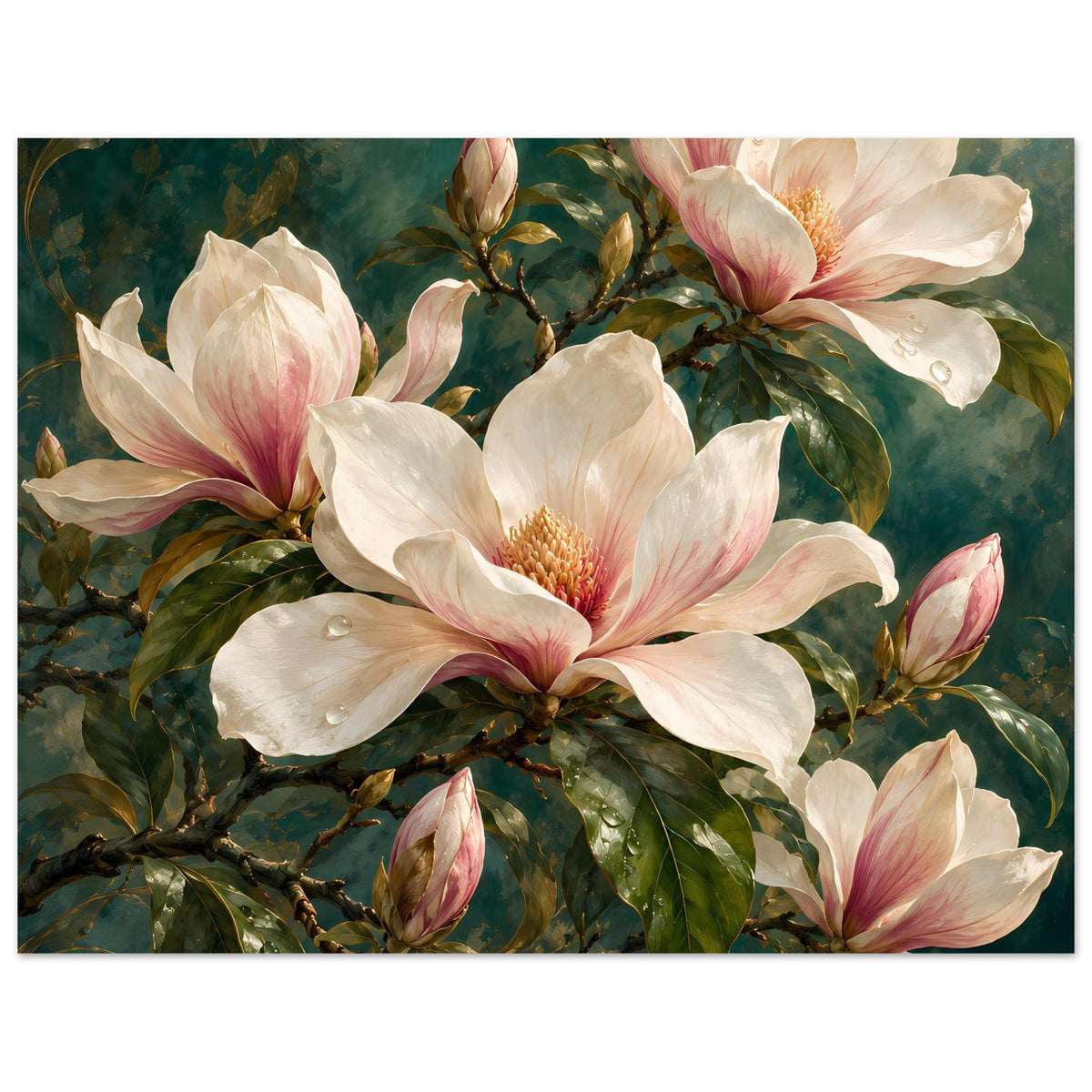 Floralposter mit üppigen Magnolienblüten in Creme und Rosa, grünen Blättern, gerahmt