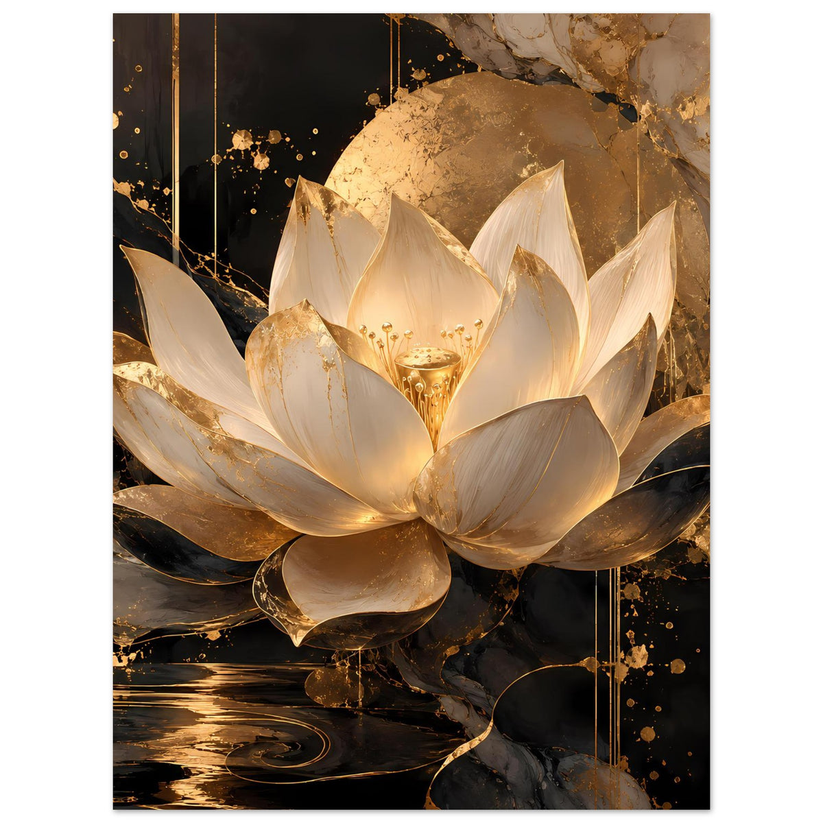 Lotusblüten-Poster mit goldenen und elfenbeinfarbenen Blütenblättern, edlem Glanz-Design.