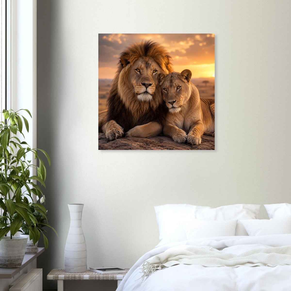 Quadratisches Poster: Löwenpaar ruht gemeinsam bei Sonnenuntergang, gerahmt