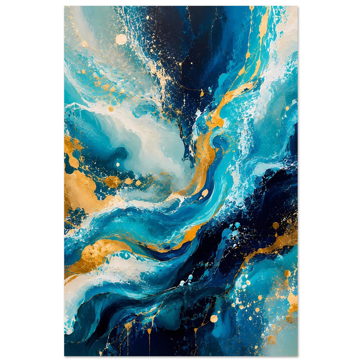 Vertikales Kunstposter mit abstraktem Blau-Gold-Wirbel und gesprenkelten goldenen Akzenten