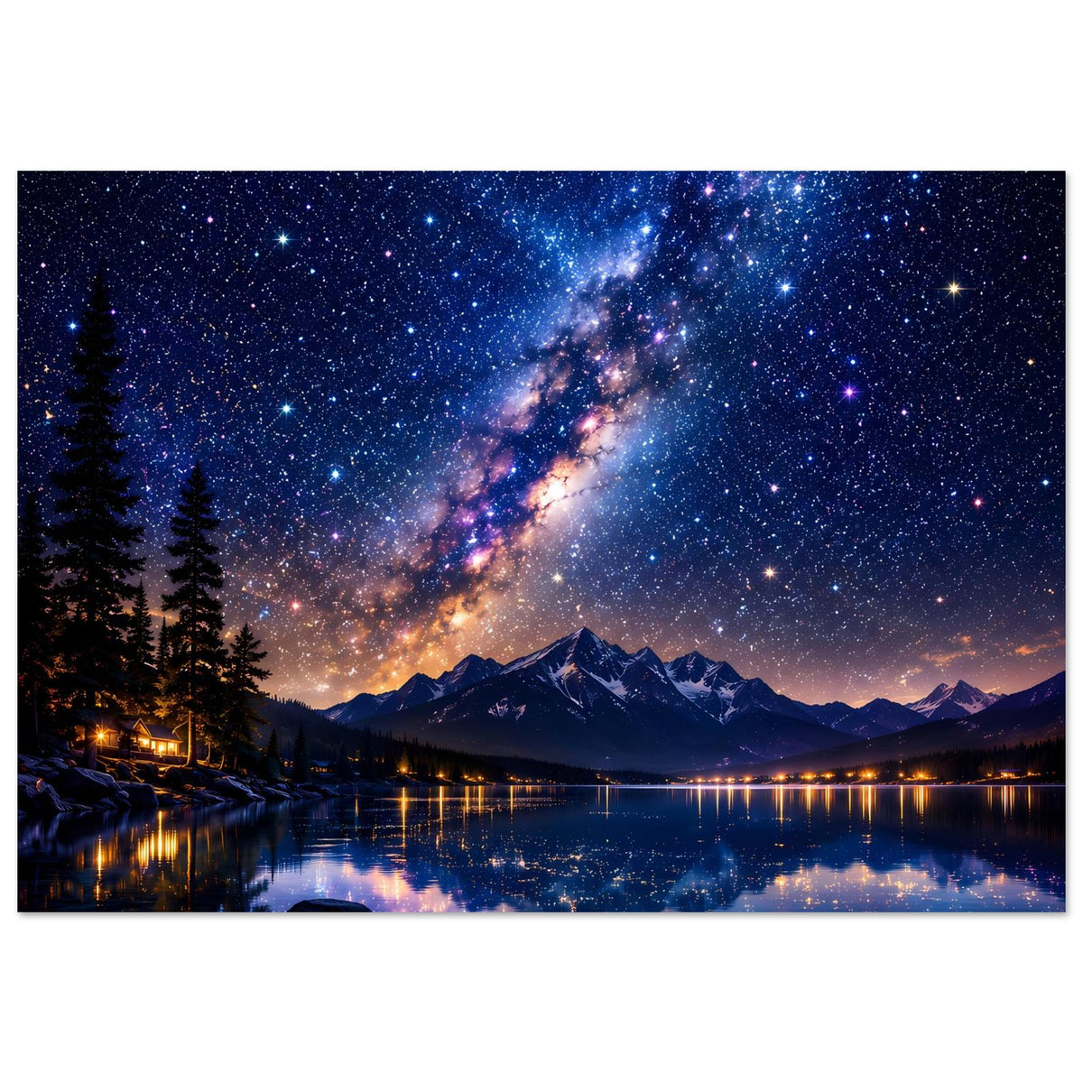 Poster im Querformat mit sternreicher Galaxie, Bergkette und reflektiertem See bei Nacht