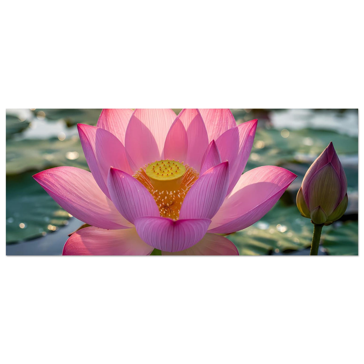 Panorama-Poster mit pinker Lotusblüte, orangefarbenem Zentrum und Knospe