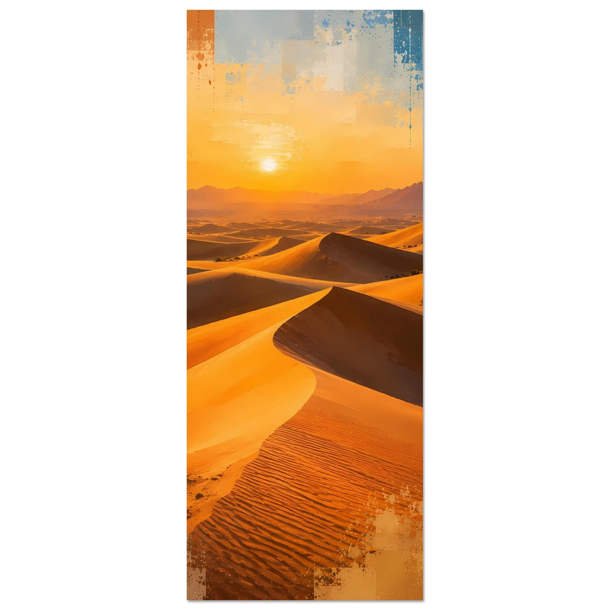 Wüstenlandschafts-Poster im Hochformat mit Sanddünen, Sonne am Horizont, warmen Farben