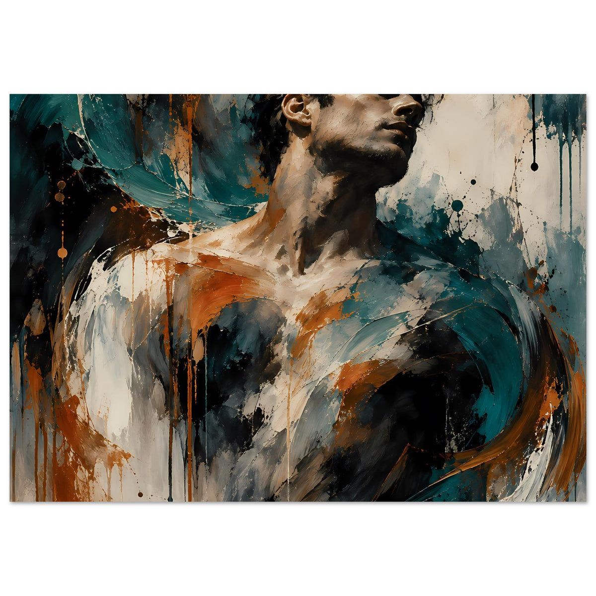 Kunstposter mit expressivem Porträt, Gesicht im Profil, Teal und Rostorange, Pinselstriche