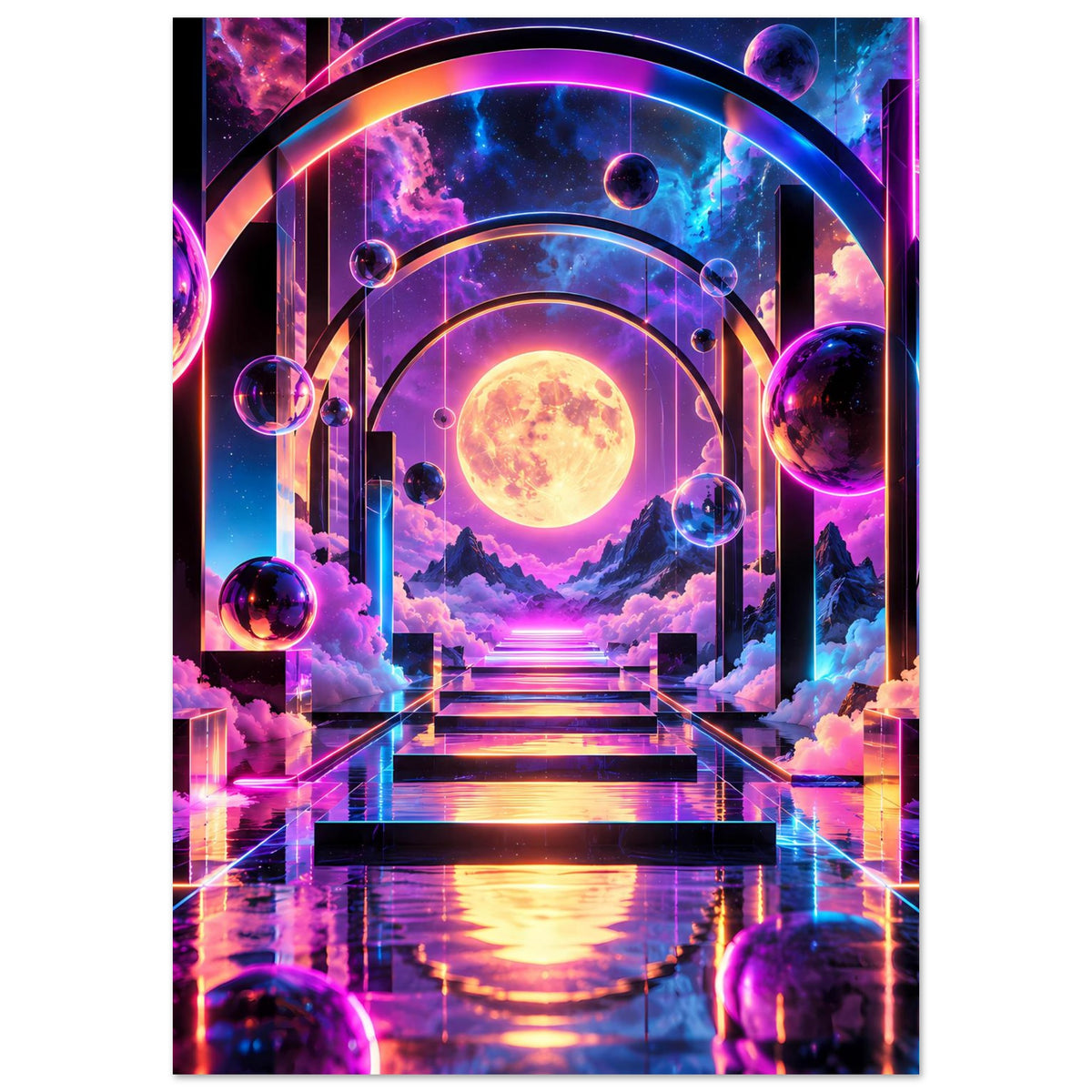 Nahansicht: Poster mit Portal und gelbem Mond, umgeben von violett-blauen Planeten