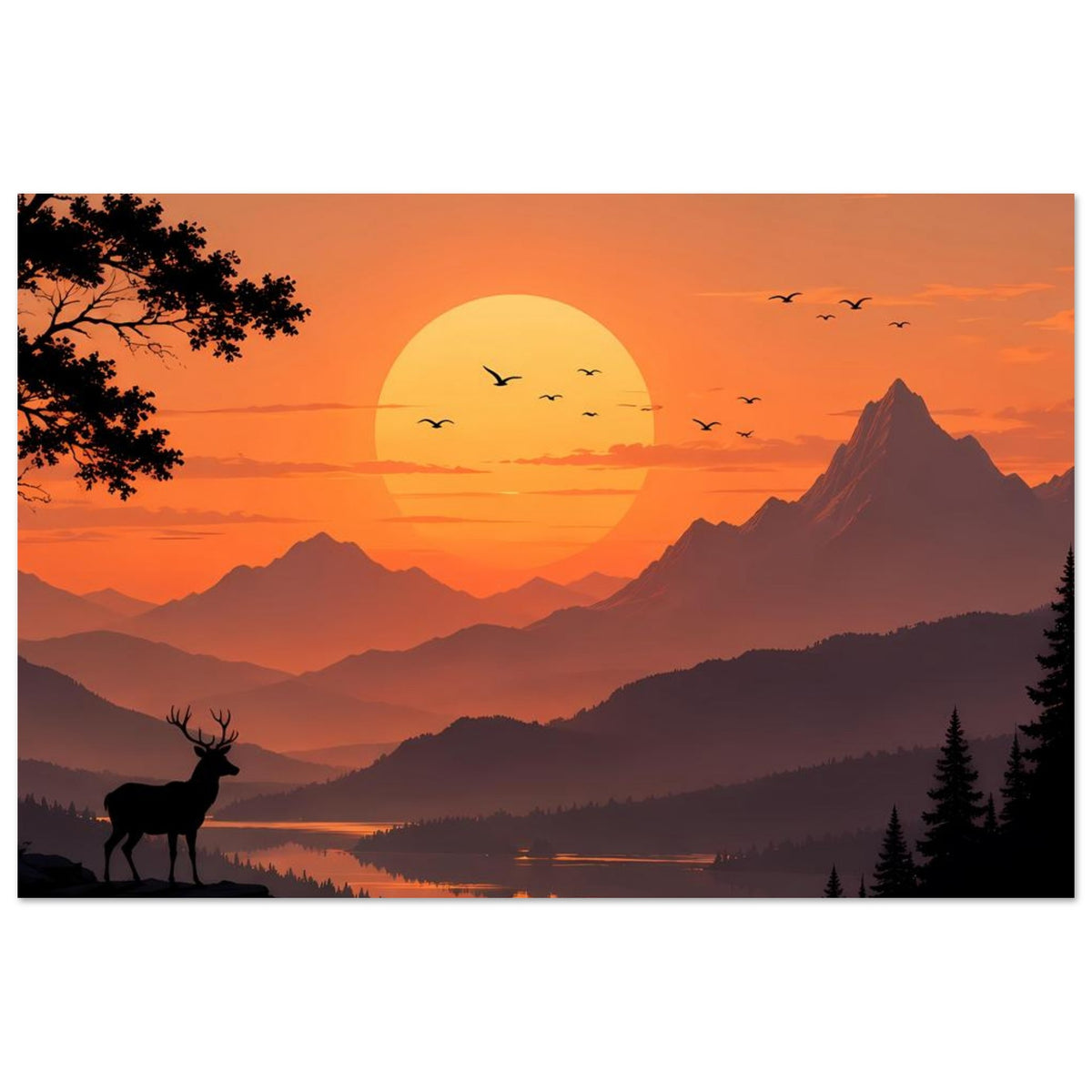 Gerahmtes Poster mit Sonnenuntergang über Bergsee, großer Sonne, Vögeln und Hirschsilhouette