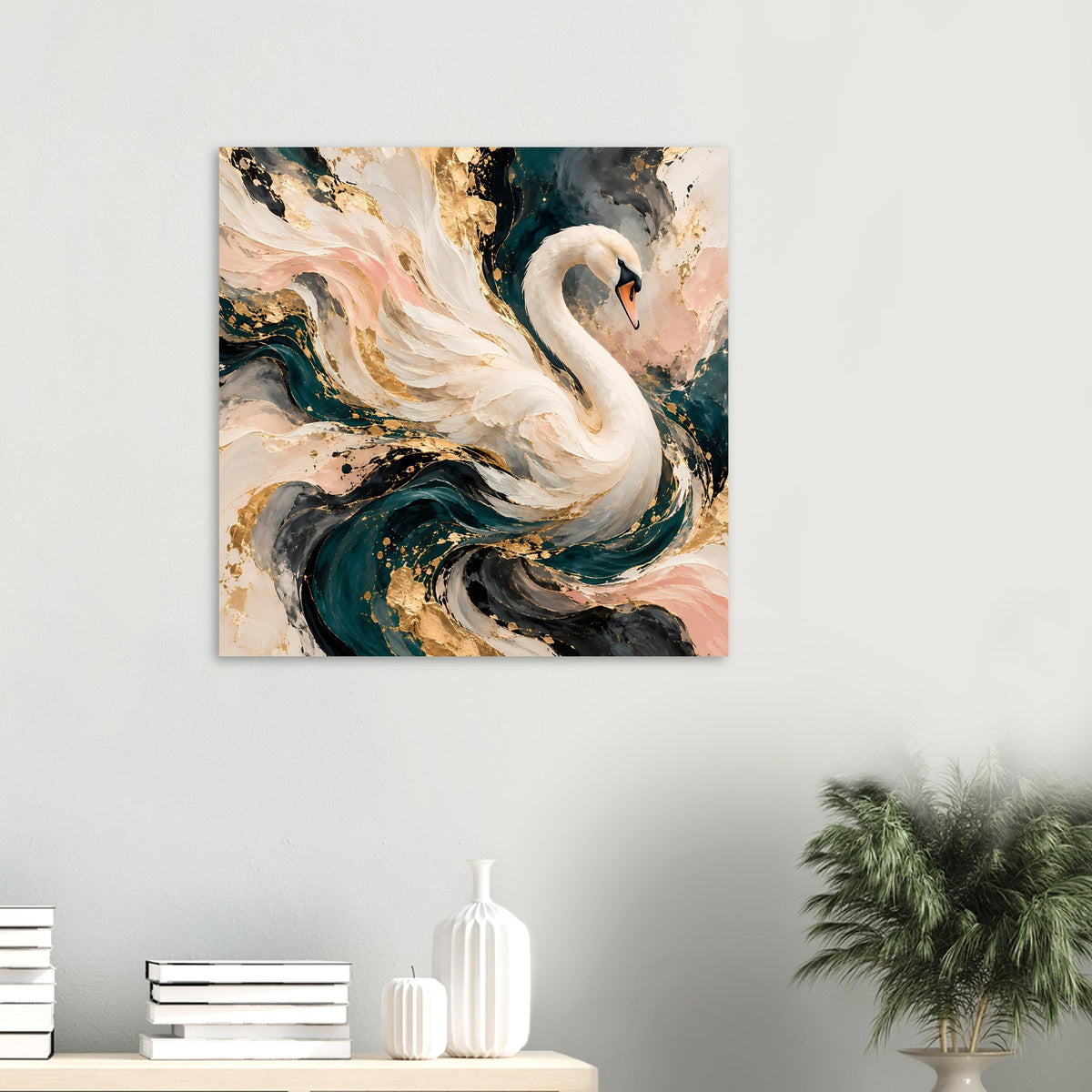 Kleines Kunstposter mit weißem Schwan, gold-beige Akzenten und türkis-schwarzen Farbwirbeln
