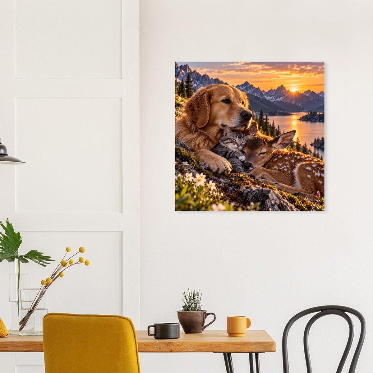 Tiermotiv-Poster mit braunem Hund und Katze auf Blumenrand, Abendsonne im Motiv