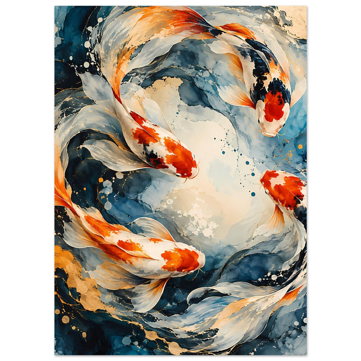 Kunstposter mit Koi-Fischen im Wasserschwirl, weiße Flanken und orangefarbene Muster, gerahmt
