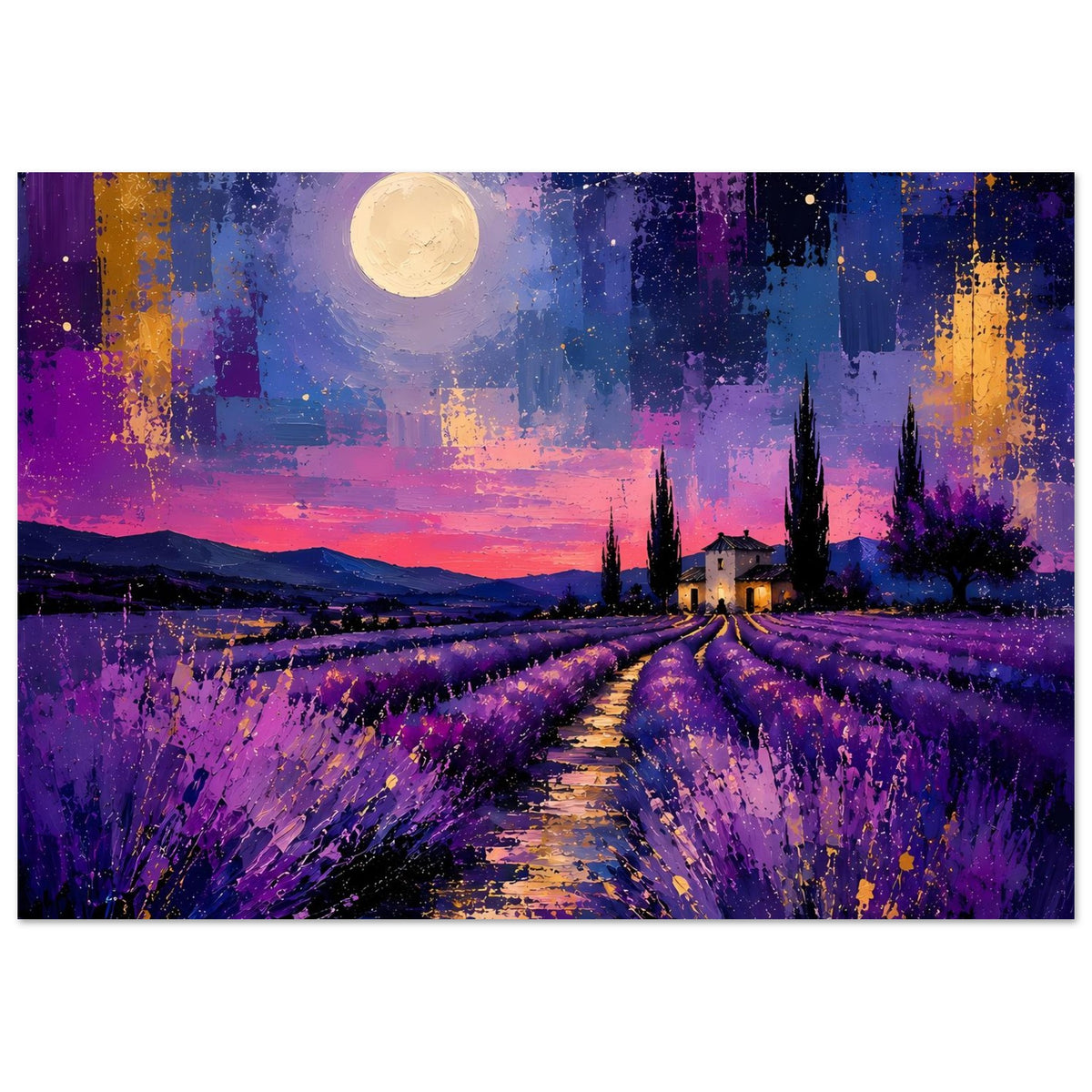 Poster im Querformat: Lavendelfelder mit Weg, goldener Mond und zarte Wolken am Himmel