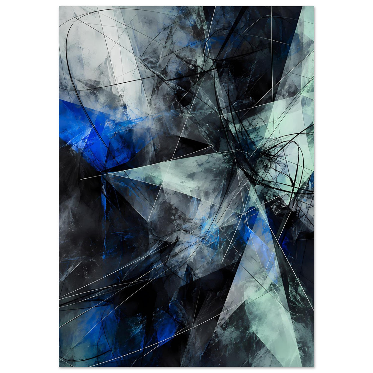 Abstraktes geometrisches Poster (Hochformat), blaue und türkisfarbene Dreiecke, Linien