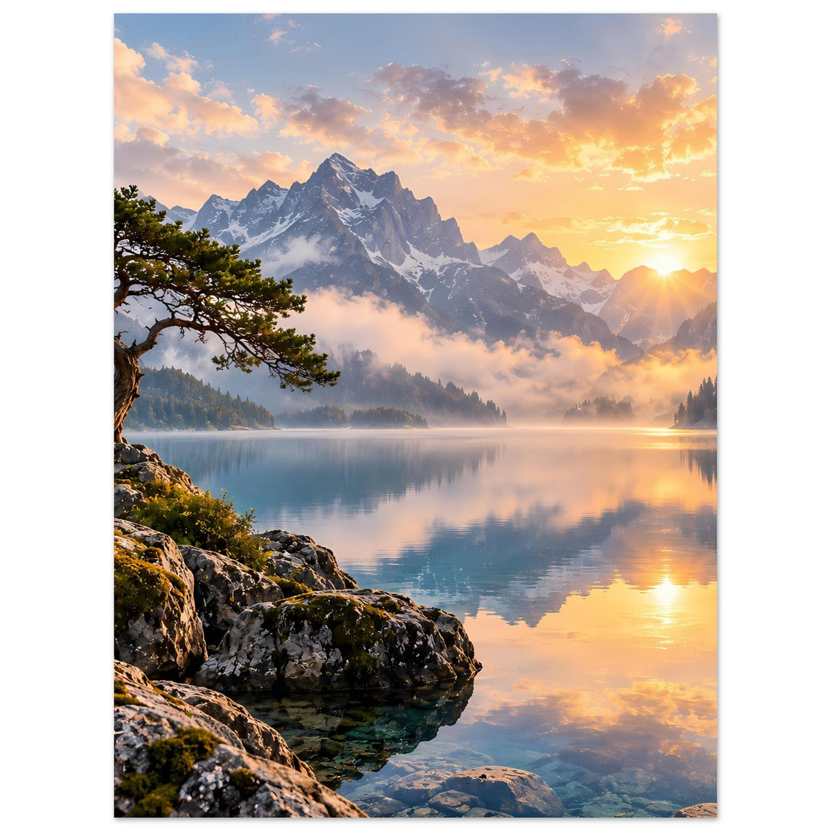 Wandposter mit Bergblick und Sonnenaufgang, spiegelnder Seeoberfläche und Baum am Uferfelsen