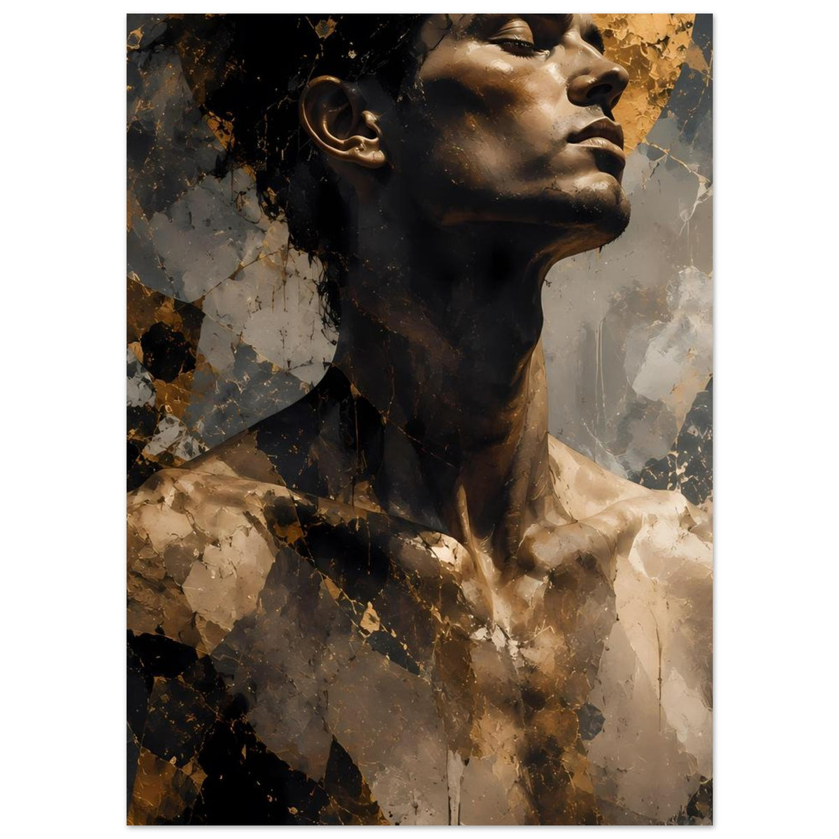 Kunstposter mit abstraktem Männerporträt, Gold- und Schwarztöne, mittiger Crop, Seitenprofil.