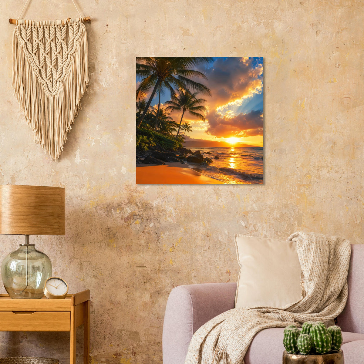 Quadratisches Strandposter mit Palmen am Ufer und flammend orangefarbenem Sonnenuntergang