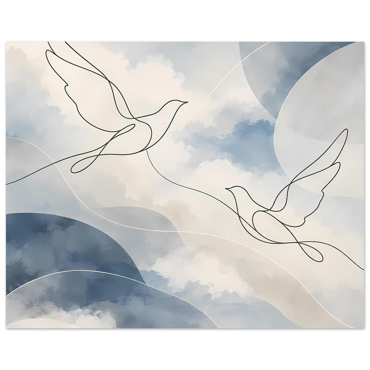 Abstraktes Querformat-Poster mit Taubenzeichnung in Schwarzlinien und Pastell-Wolkenbögen