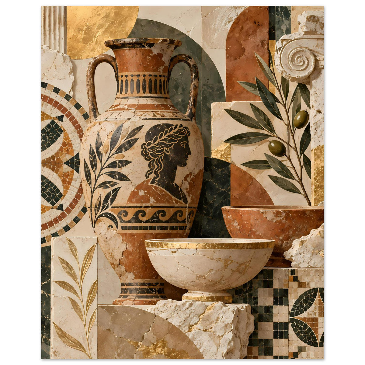 Mediterranes Mosaik-Poster mit Amphore, Schale und Olivenzweig rechts sowie Mosaikrahmen