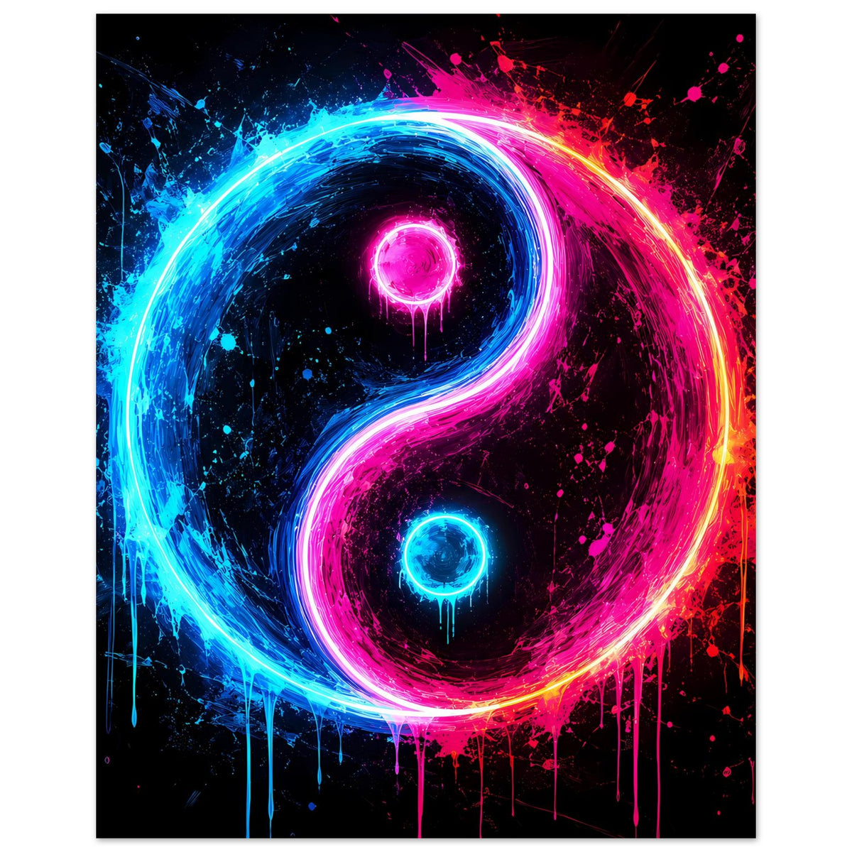 Neon-Yin-Yang-Poster mit starkem Leuchteffekt in Blau und Pink, zentrierte Kreise