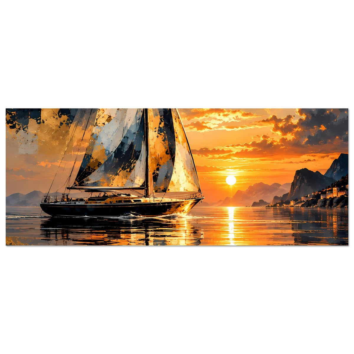 Abstraktes Poster mit Segelboot bei Sonnenuntergang und breiter Wasserreflexion (horizontal)
