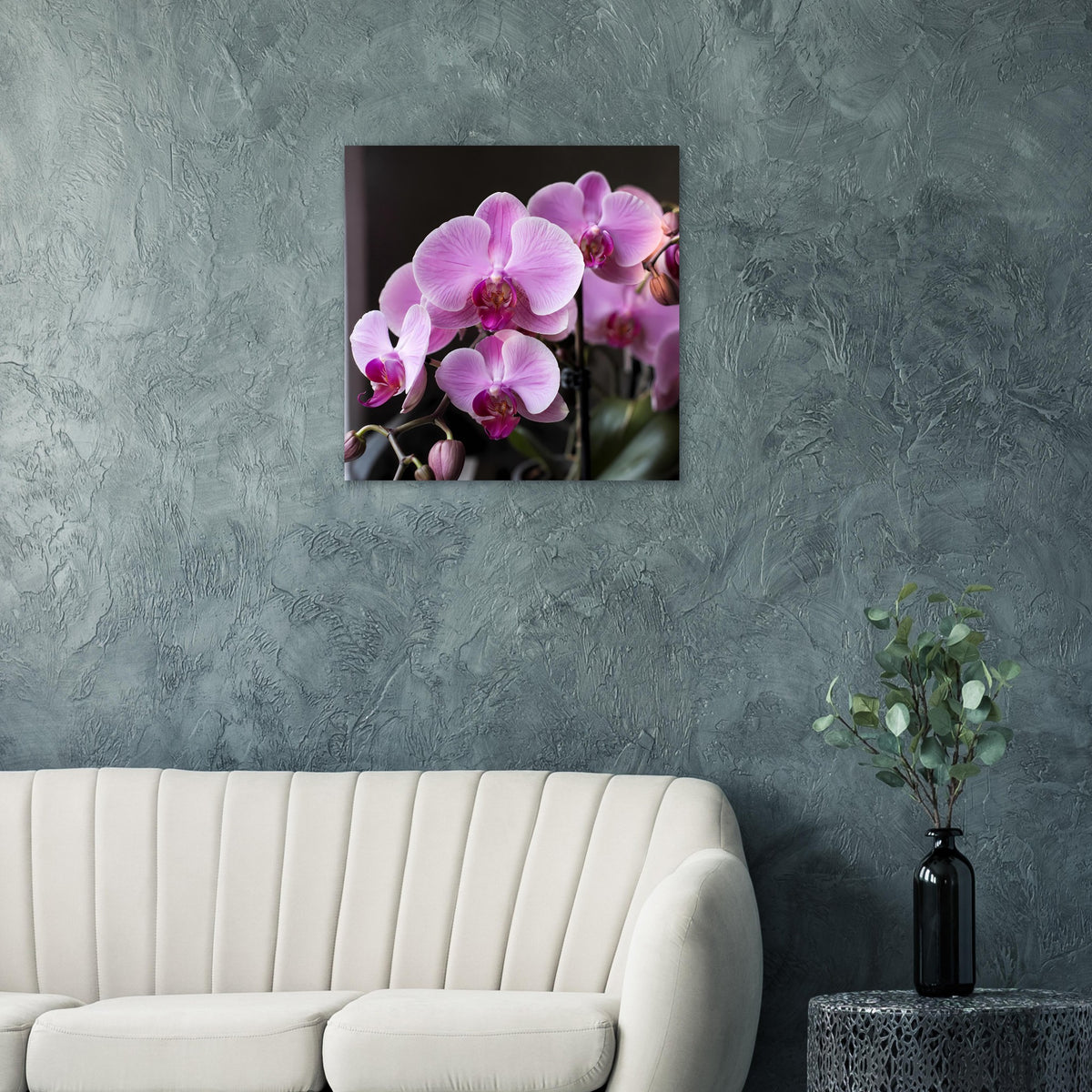 Orchideenblüten-Poster: pastellrosa Blüten im schwarzen rechteckigen Rahmen