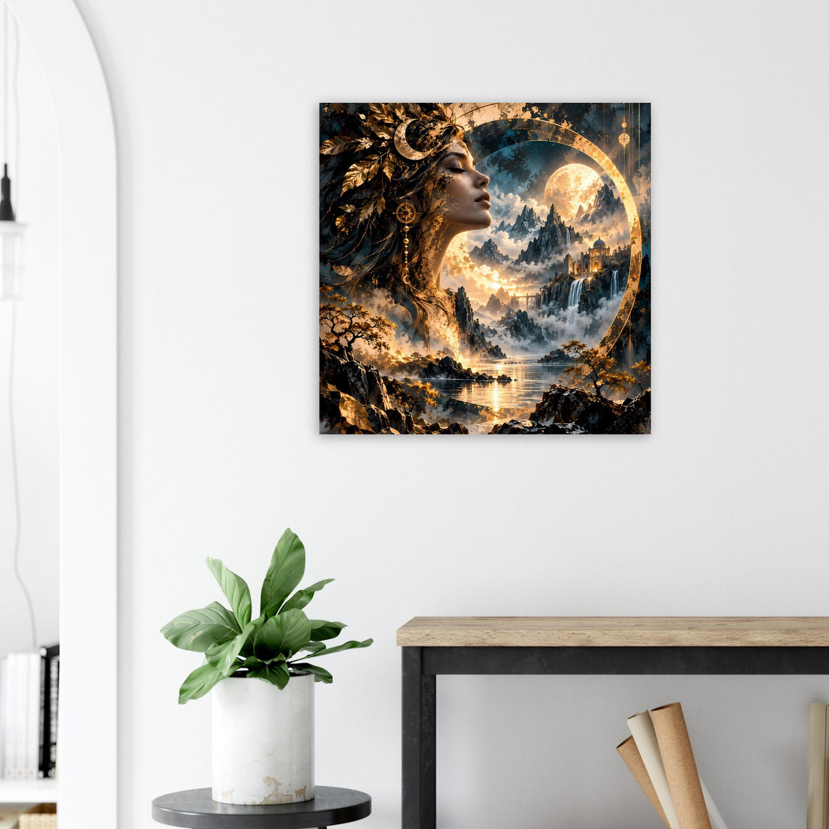 Quadratisches Poster mit Göttin im Profil, Mondkreis, Wolken und Lichtreflexen in Goldtönen