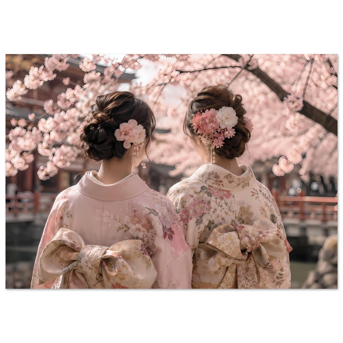 Poster mit Kimono-Motiv: zwei Personen in Pastellgewändern und Kirschblüten, Hochformat