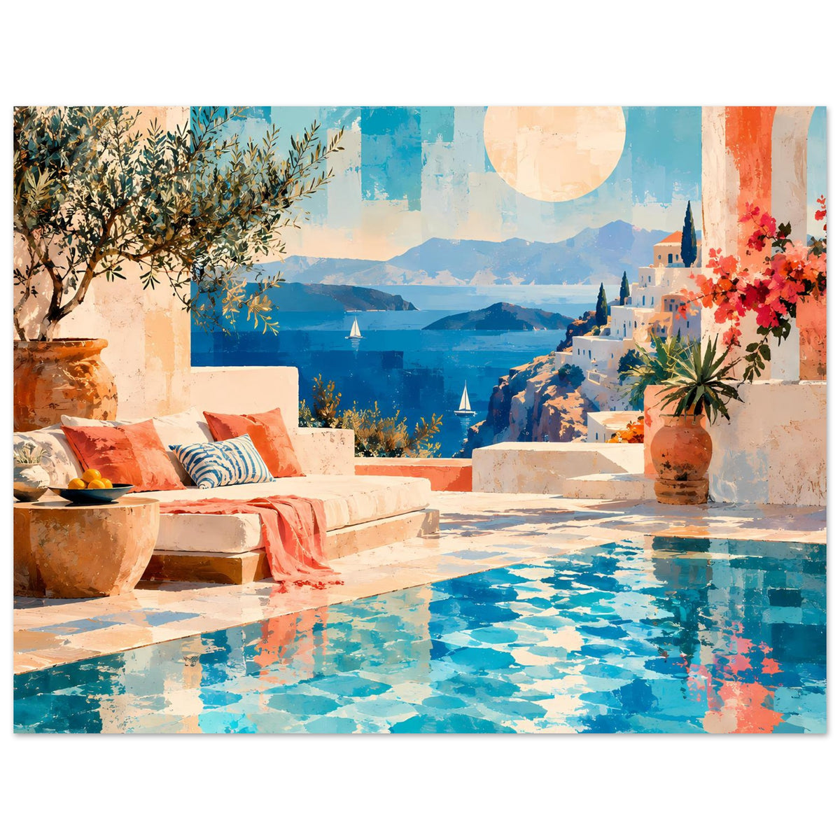Mediterranes Küsten-Landschaftsposter im Querformat mit blauem Pool und Küstenhäusern