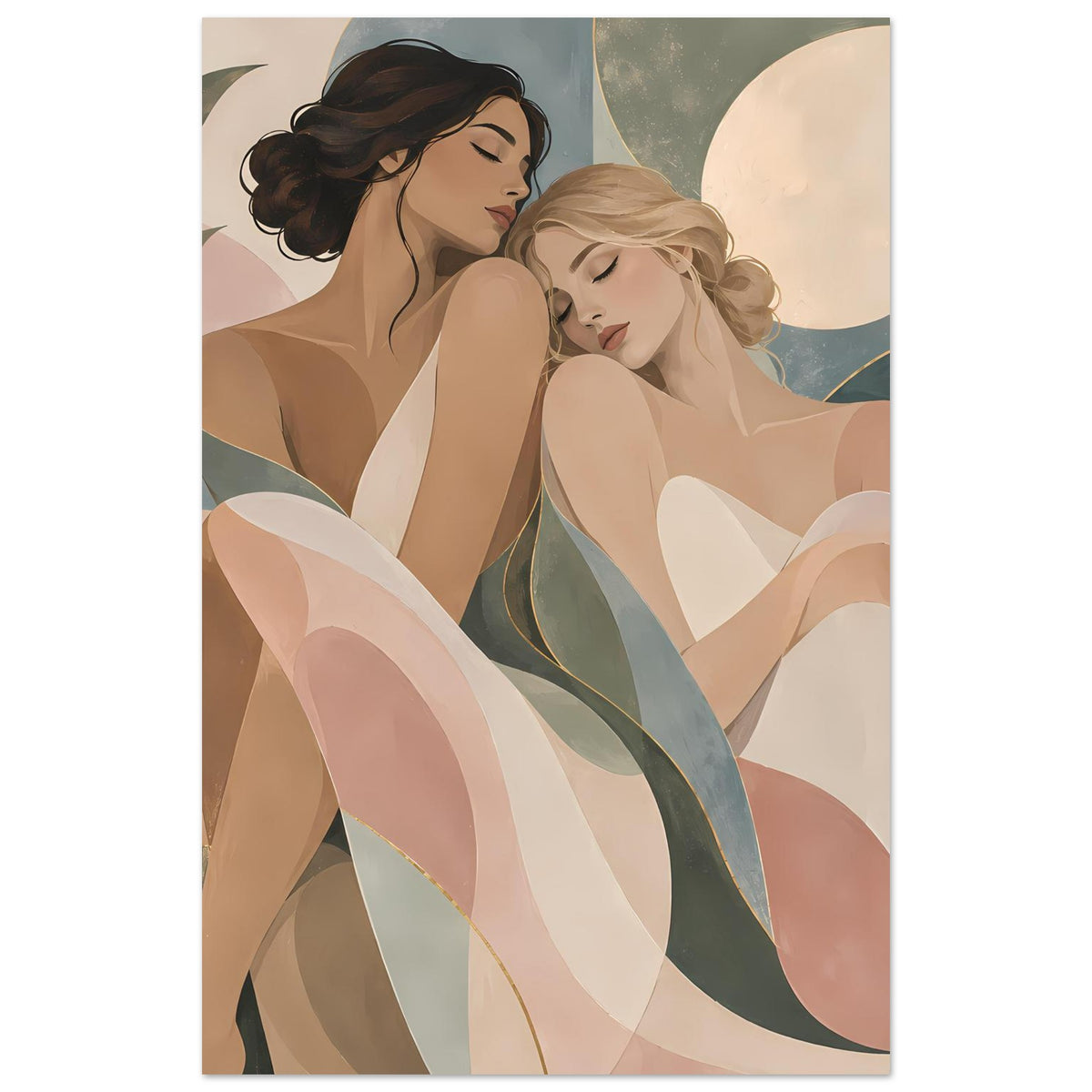 Kunstposter: zwei Frauen in Pastellfarben, geschwungene Linien im Art-nouveau Look