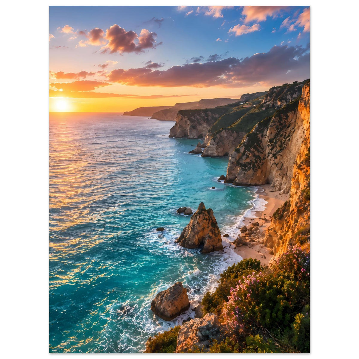 Poster mit Sonnenuntergang über dem Meer und felsiger Küste, Klippen und Brandung