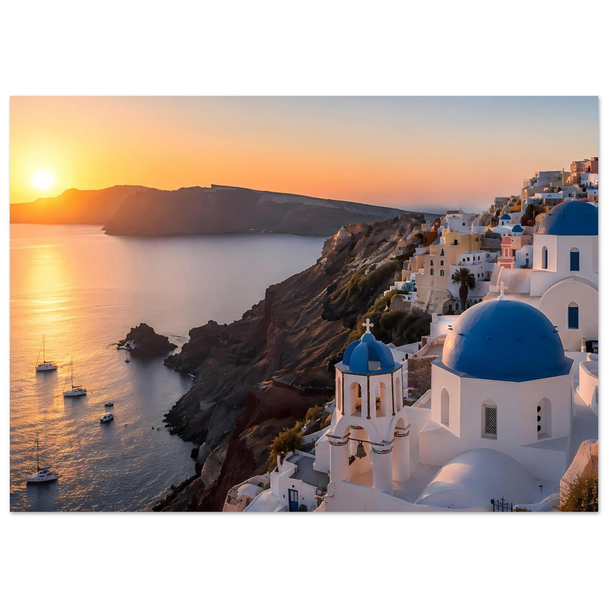 Poster: Panorama-Poster mit Santorini-Kirchenkuppeln in Blau und Meer