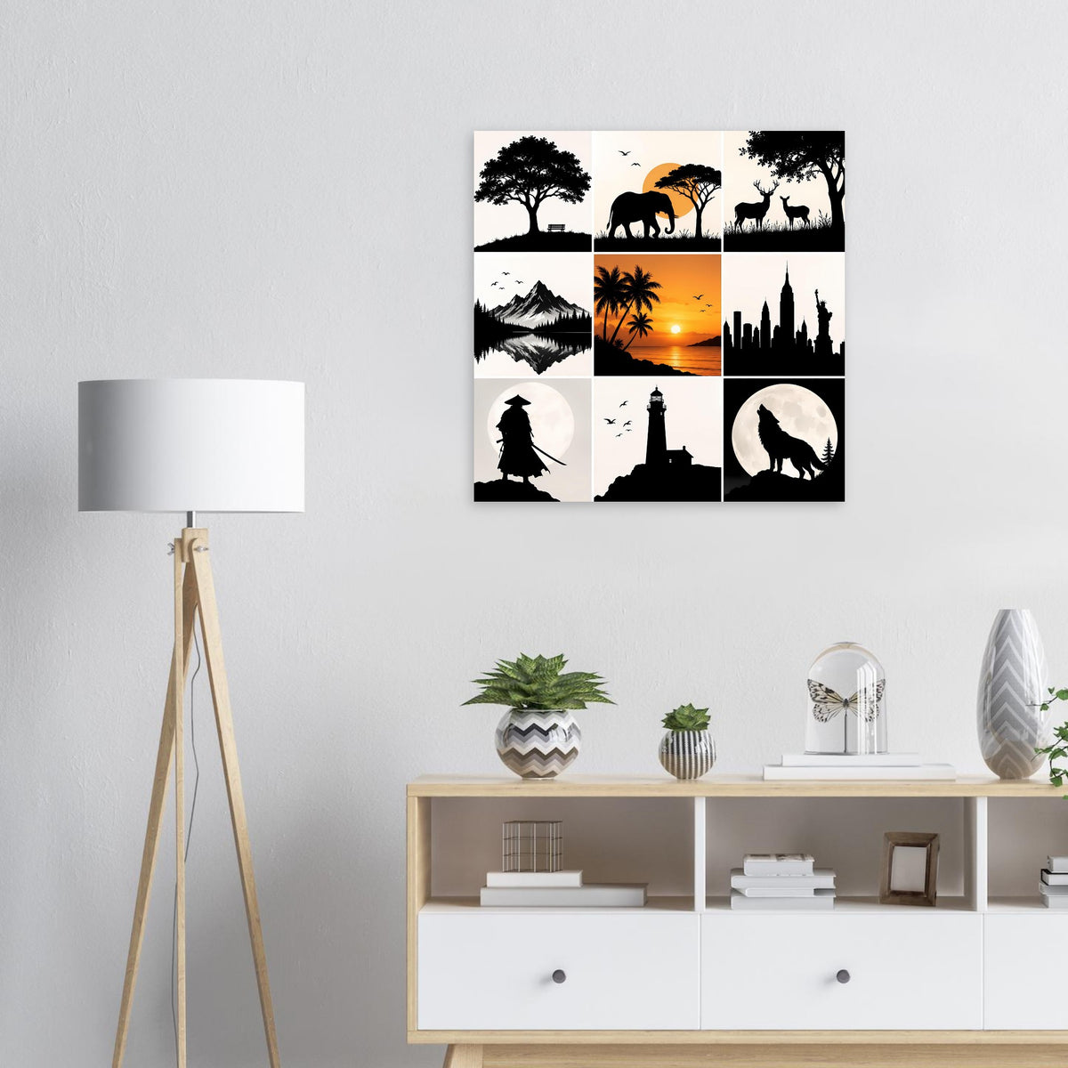 Quadratisches Kunstposter mit 3x3 Silhouetten aus Natur, Stadt und Fantasie, Schwarz-Orange