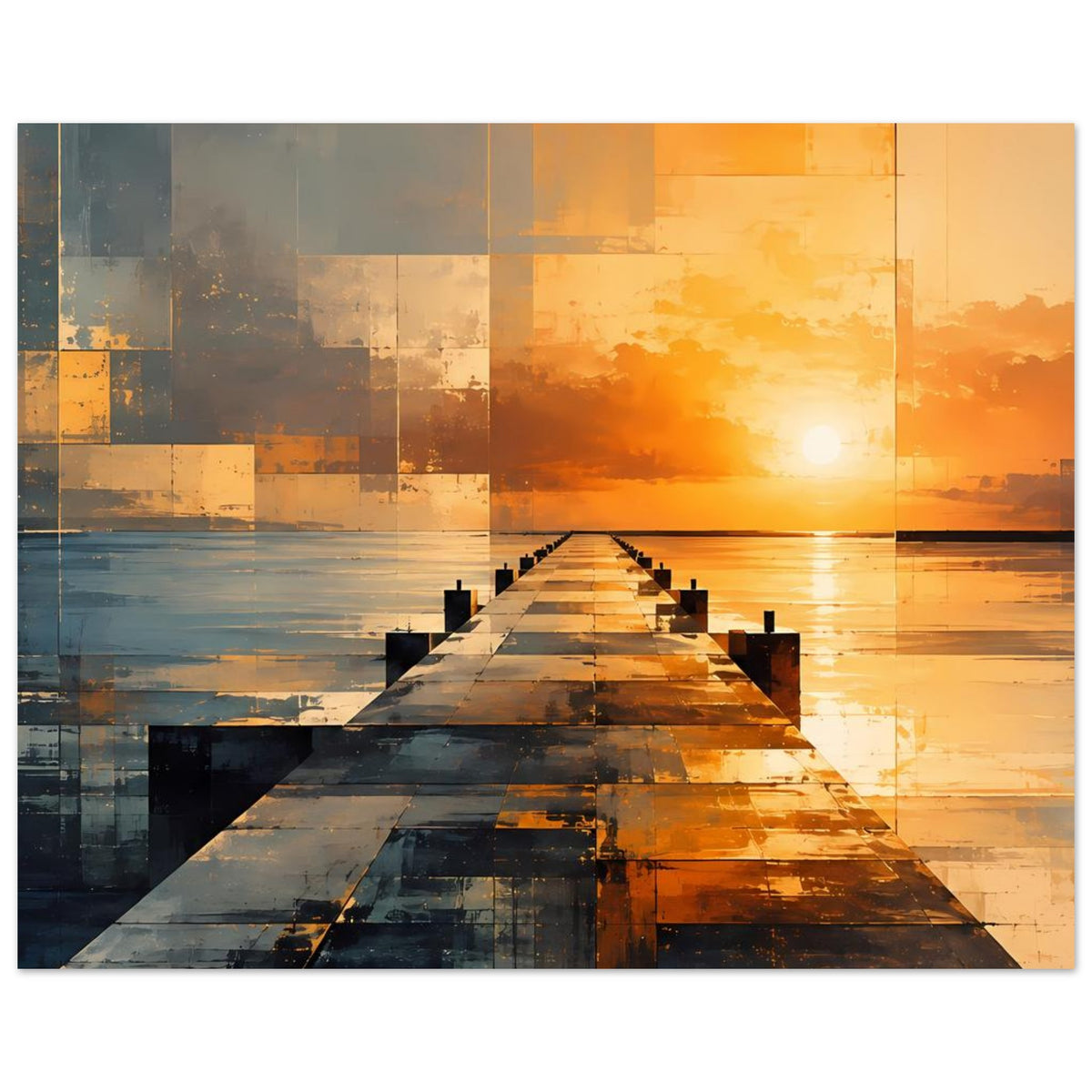 Breites Wandposter: Pier bis zur Sonne, Patchwork-Optik in Blau, Grau und Orange