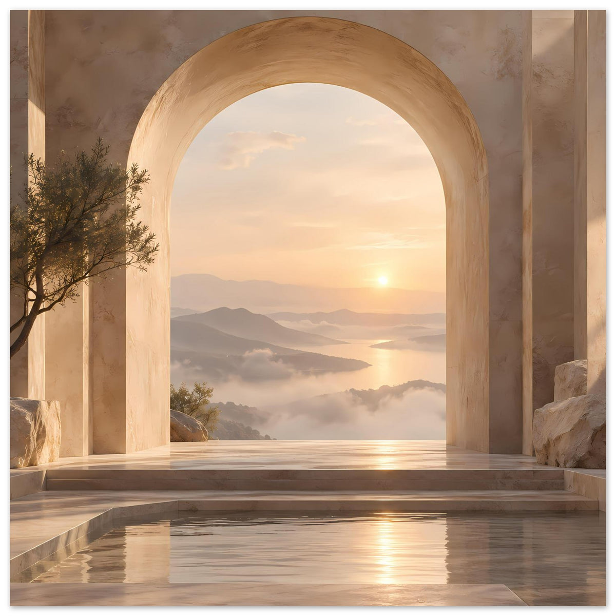 Poster mit Bogenöffnung und Landschaft bei Sonnenuntergang, Wasserreflexe im Becken