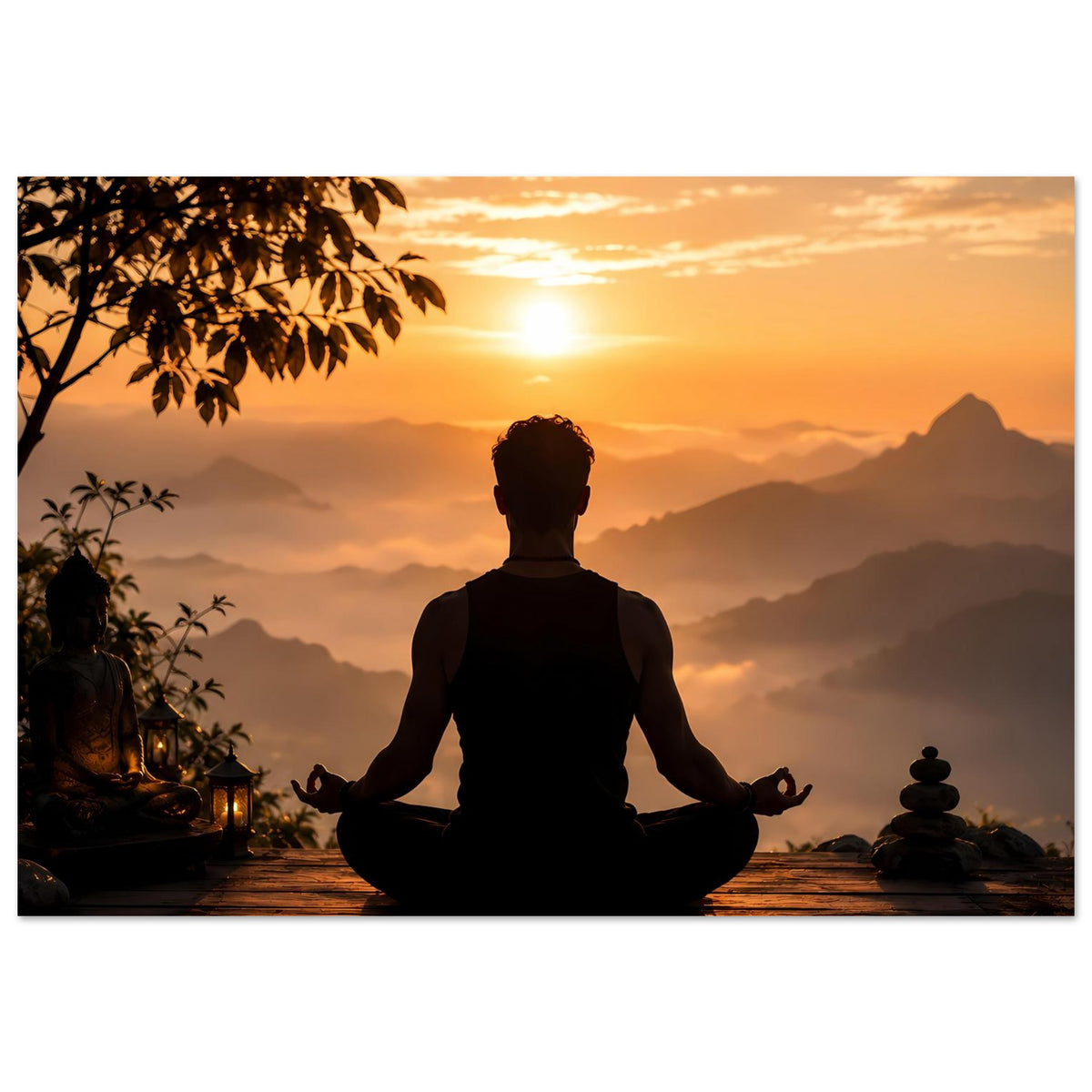 Horizontales Meditationsposter mit meditierender Silhouette, Sonnenaufgang und ruhigem Bergpanorama