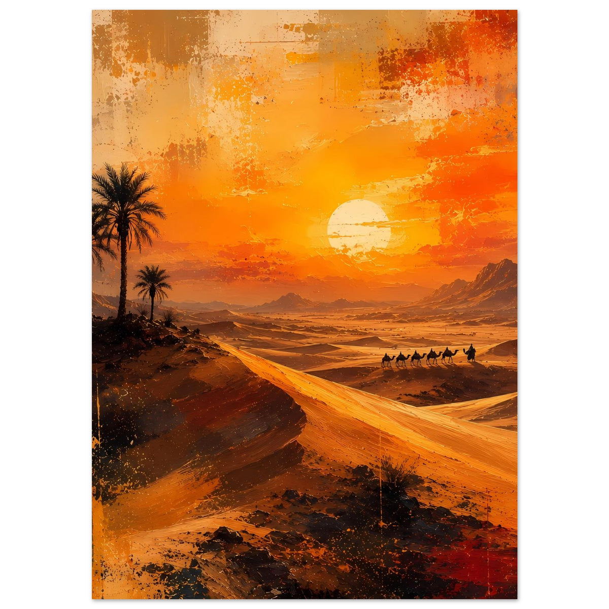 Wüstenposter im Hochformat: Palmen, Karawane und leuchtende Sonne über Dünen