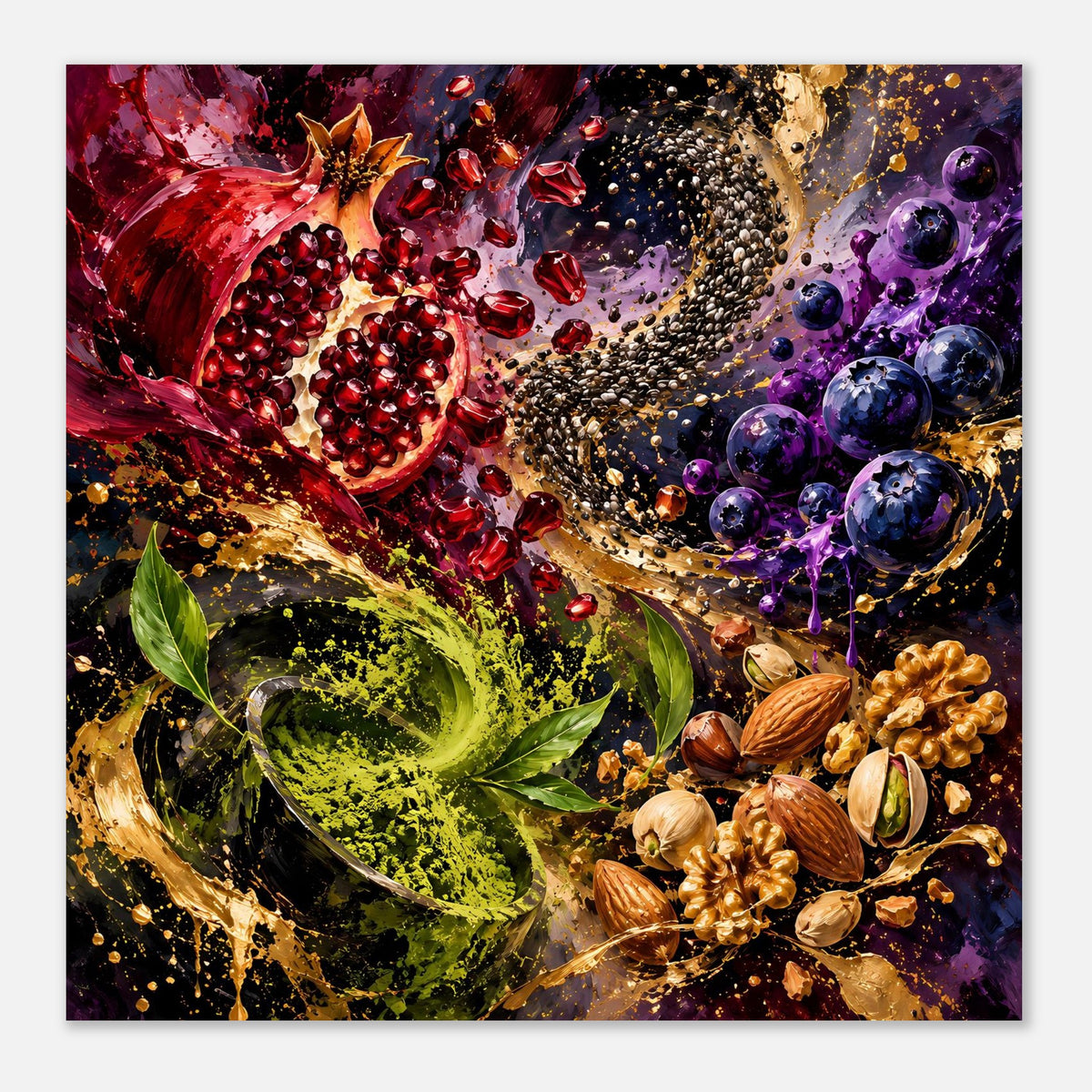 Nahansicht des Posters: Farbexplosion mit Beeren, Nüssen und Kräutern in Rot/Violett/Grün