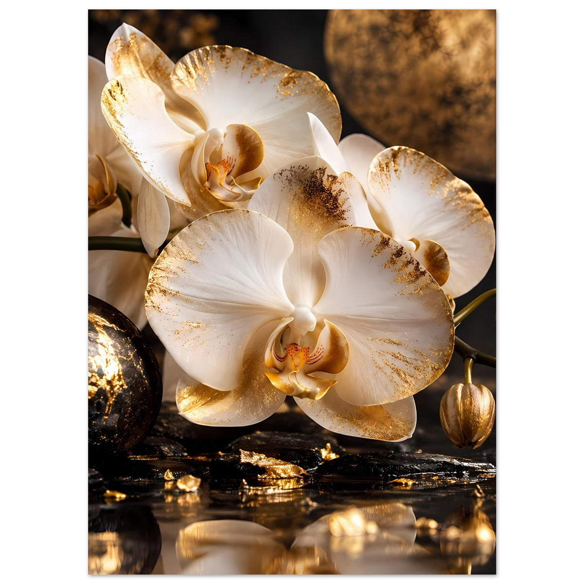 Poster: weiße Orchideen mit goldenen Akzenten, vertikal