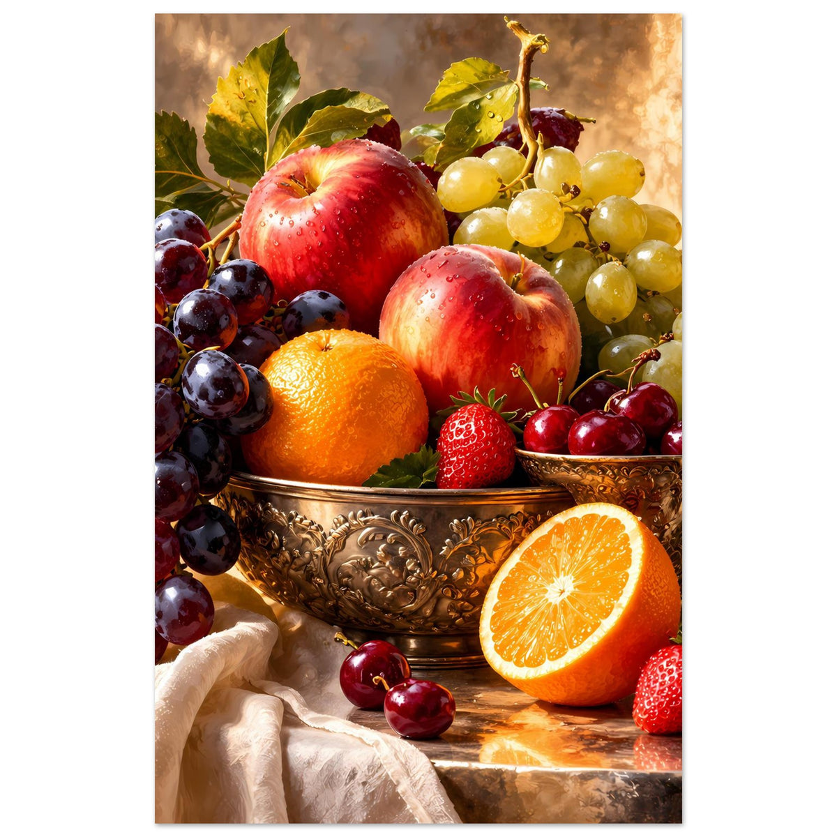 Stillleben-Poster mit Obstschale: Orange, Äpfel, Erdbeeren, Kirschen und Weintrauben