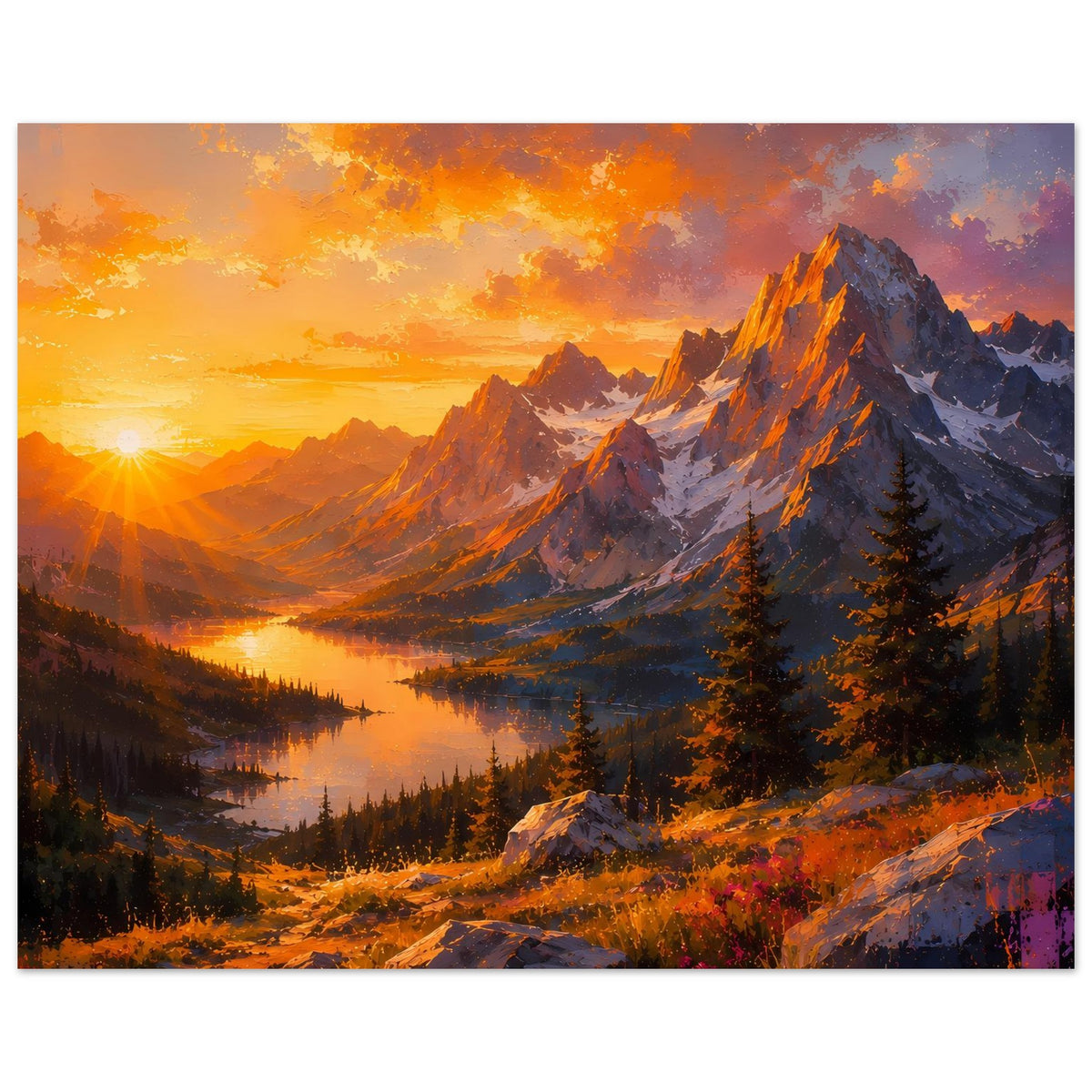 Horizontales Landschaftsposter Sonne am Rand, Bergkamm, Flusstal und Tannen
