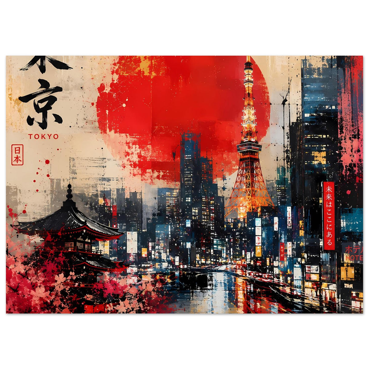 Abstraktes Poster: Tokyo-Skyline mit roter Sonne, Tokyo Tower, Schriftzug „TOKYO“