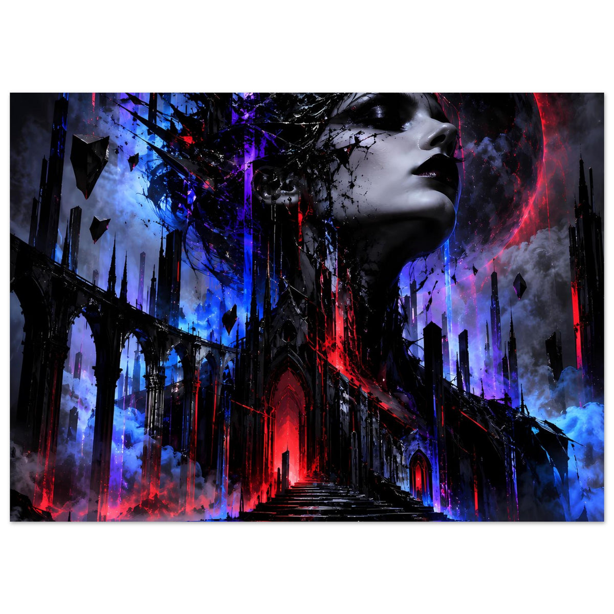 Gothic-Fantasy-Poster mit weiblichem Profil, kräftige Neonfarben in dunkler Skyline