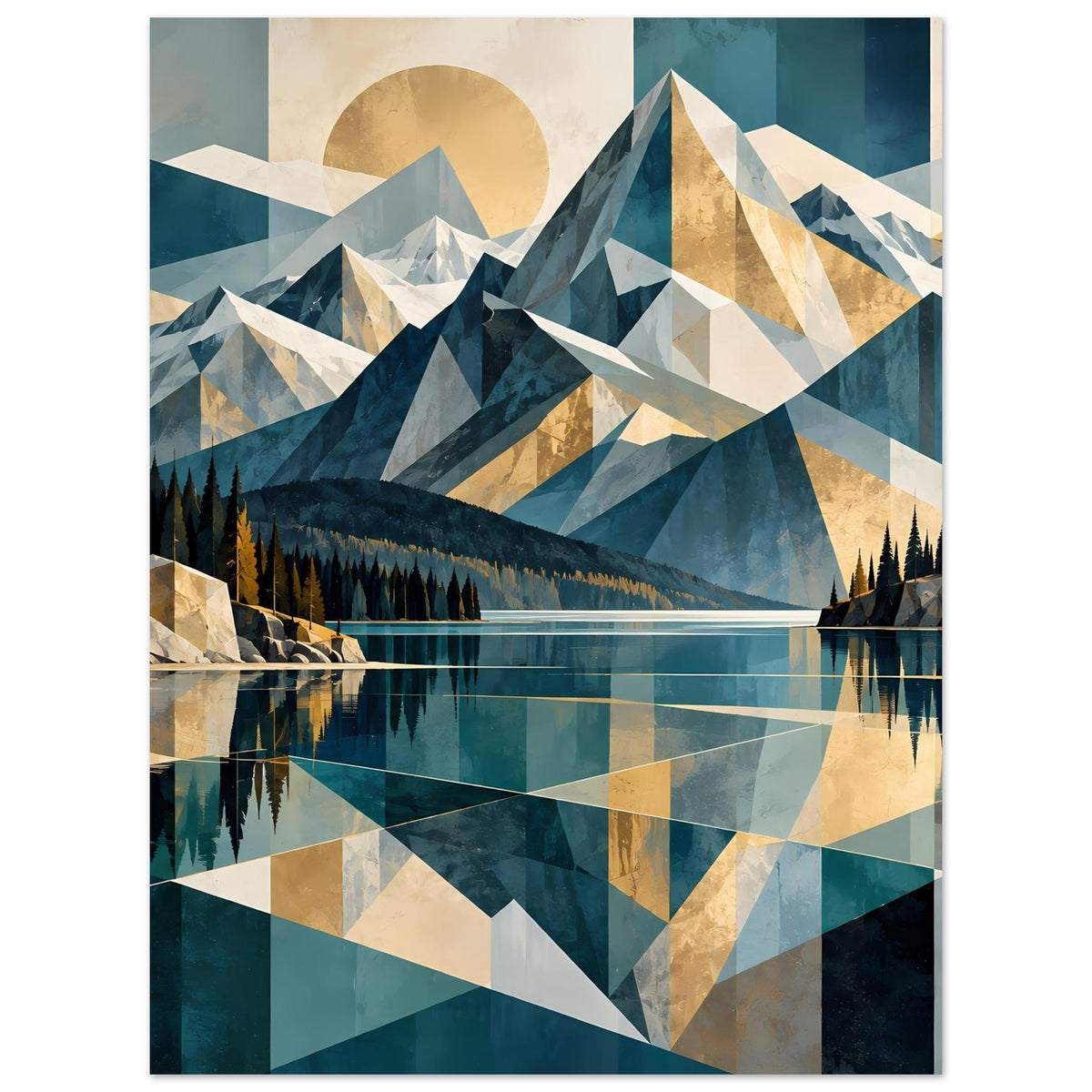Wandposter im Hochformat mit geometrischem Gebirge, türkisblauem Wasser und Tannenwald