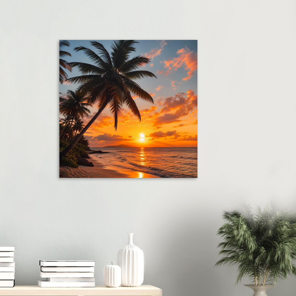 Quadratisches Poster mit Palmen am Strand und goldenem Sonnenuntergang im dunklen Rahmen