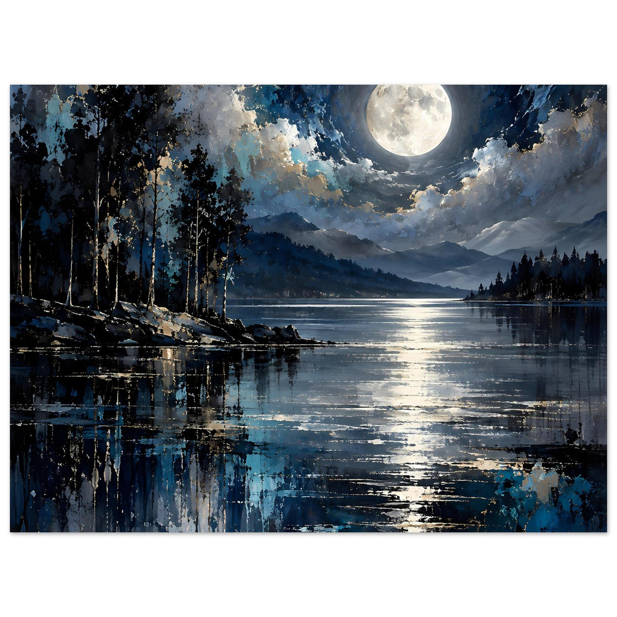 Landschaftsposter: Vollmond am Himmel, See mit reflektierenden Lichtlinien und Berge im Hintergrund.