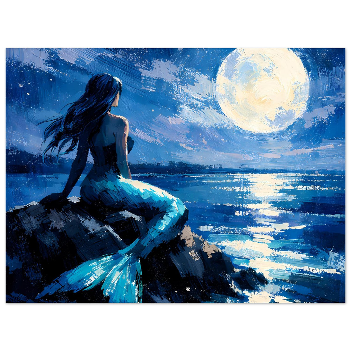 Premium-Mattes Poster mit Meerjungfrau im Vordergrund, Mond am blauen Horizont