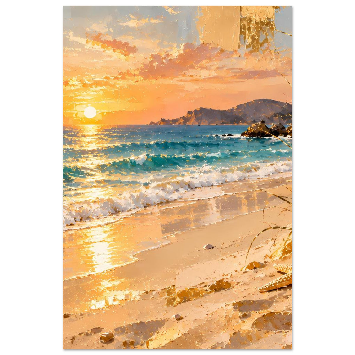 Poster mit Blick auf Küste bei Sonnenuntergang, Orangefarbener Strand und türkises Meer