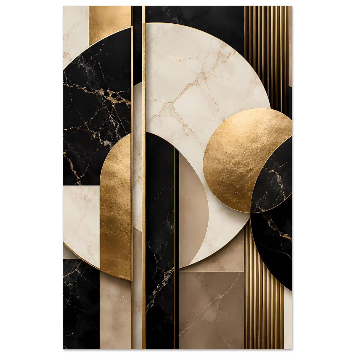 Geometrisches Marmor-Poster im Hochformat: goldene Kreise, schwarzes/beiges Marmormuster